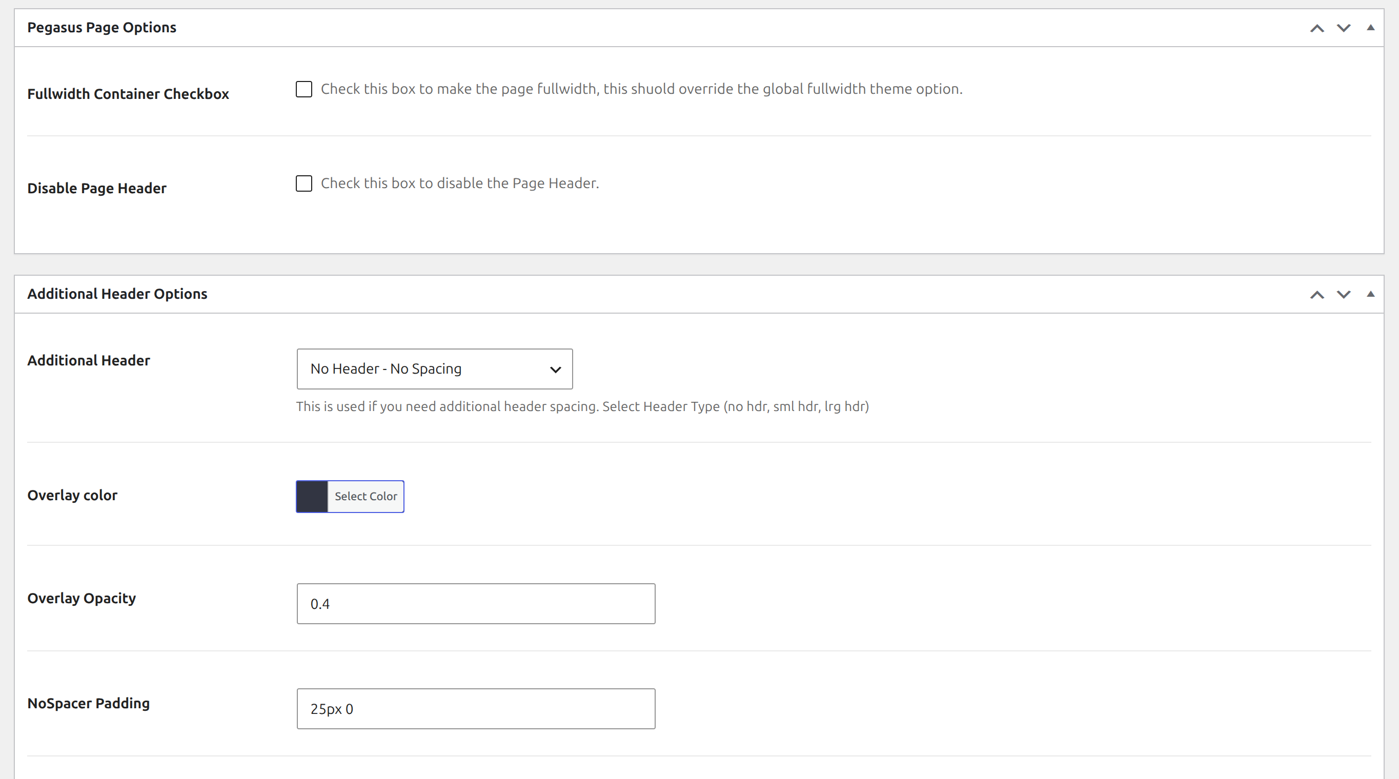 The Pegasus Page Options and Additional Header Options boxes in the page editor