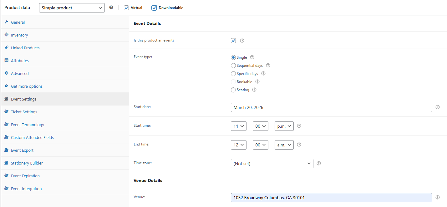 Event Settings with “Is this product an event?” ticked, showing event type, date, times, and venue