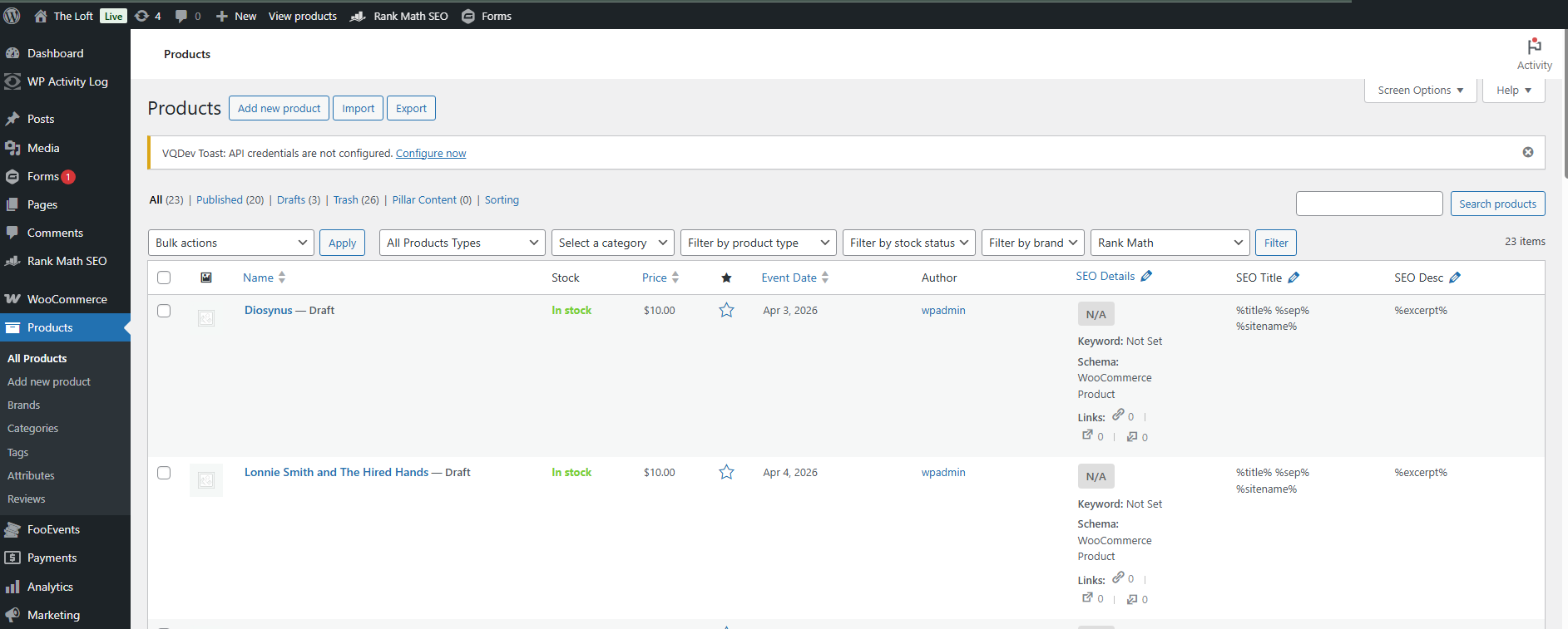 The Products list in The Loft’s WordPress dashboard